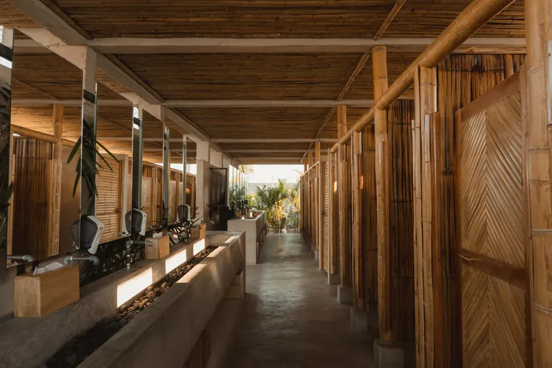 Interior corridor with exposed timber ceiling beams, bamboo wall panels and polished concrete planters in sunlight