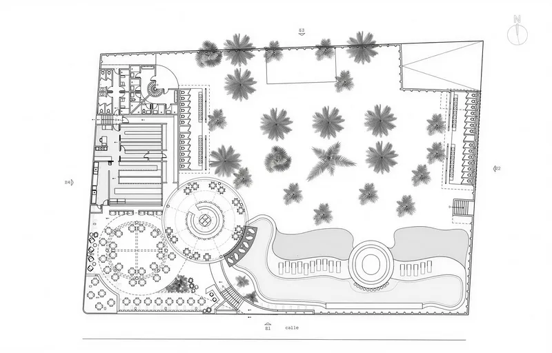 Site plan drawing showing circular dining pavilion, pool, and palm tree courtyard layout