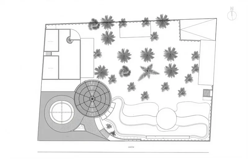 Floor plan drawing showing circular structure with radiating seating and adjacent pool deck