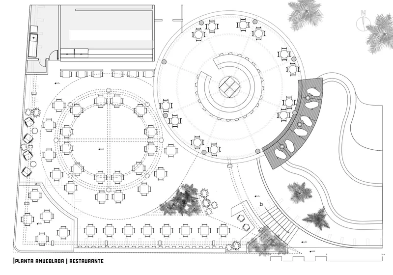 Restaurant floor plan drawing showing circular dining hall with concentric table arrangements and palm trees