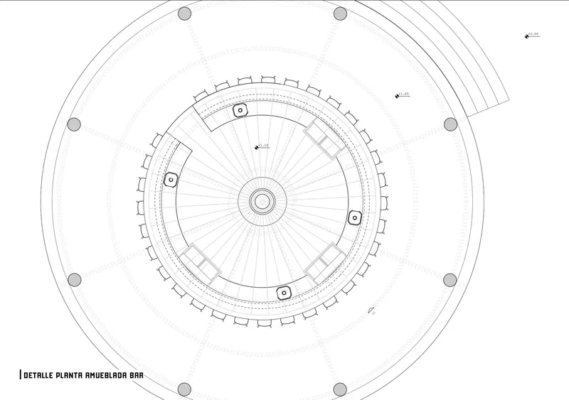 Detail floor plan drawing of a circular bar with radial seating arrangement and central service core