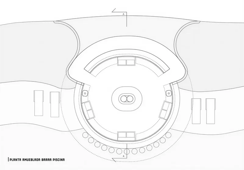 Floor plan drawing showing a circular bar and pool area with curved perimeter seating elements