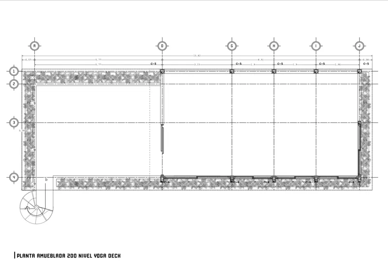 Upper level floor plan drawing showing a rectangular deck with planted edge bands and spiral stair