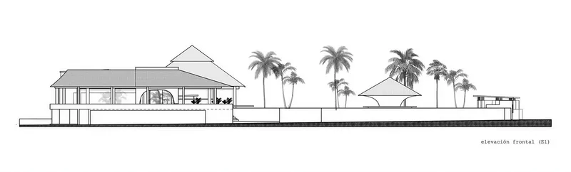 Elevation drawing showing a pyramidal roof pavilion with palms and adjacent lower structures in the landscape