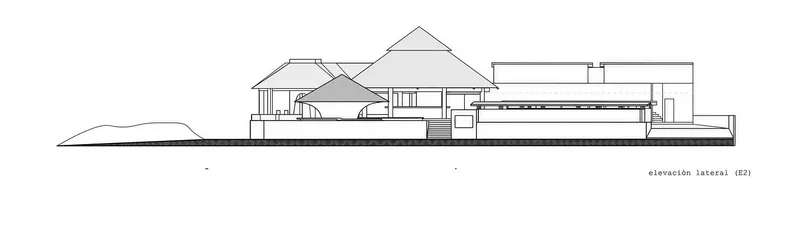 Elevation drawing showing a horizontal composition with pyramidal roofs and a low landscape horizon