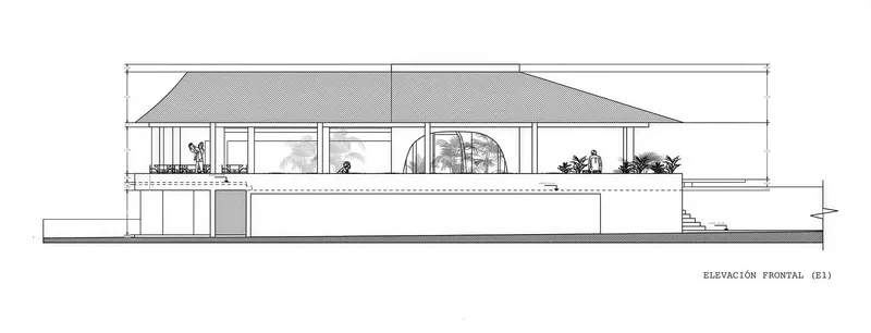 Elevation drawing revealing a two-level structure with a hipped roof and circular opening framing planted elements
