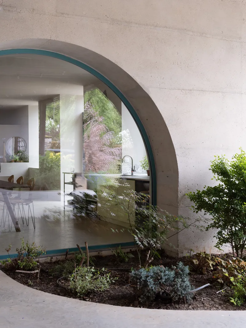 Circular concrete opening with teal frame revealing interior kitchen beyond a planted bed with succulents