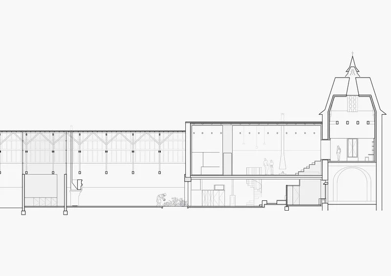 Section drawing through volumes showing timber roof structure, interior levels, and gabled barn form