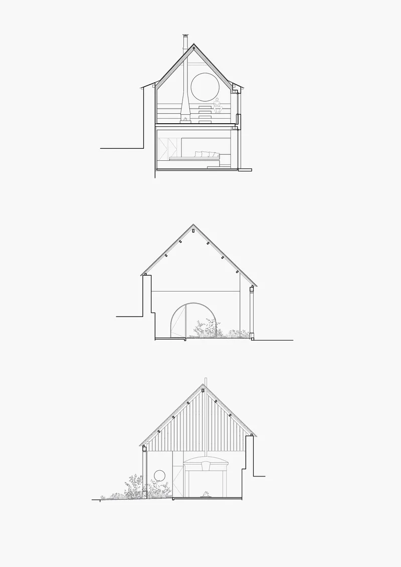 Elevation and section drawings of three gabled volumes showing circular openings and interior spaces