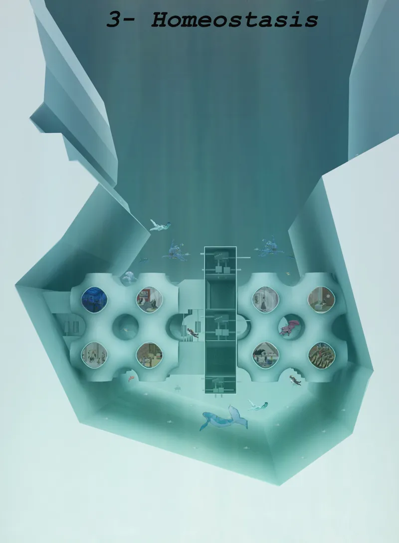 Underwater view showing modular circular pods with glazed apertures flanking a central circulation tower with marine life