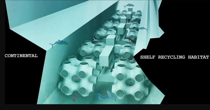 Aerial view of clustered cylindrical pod structures with circular openings arranged along a sloped plane