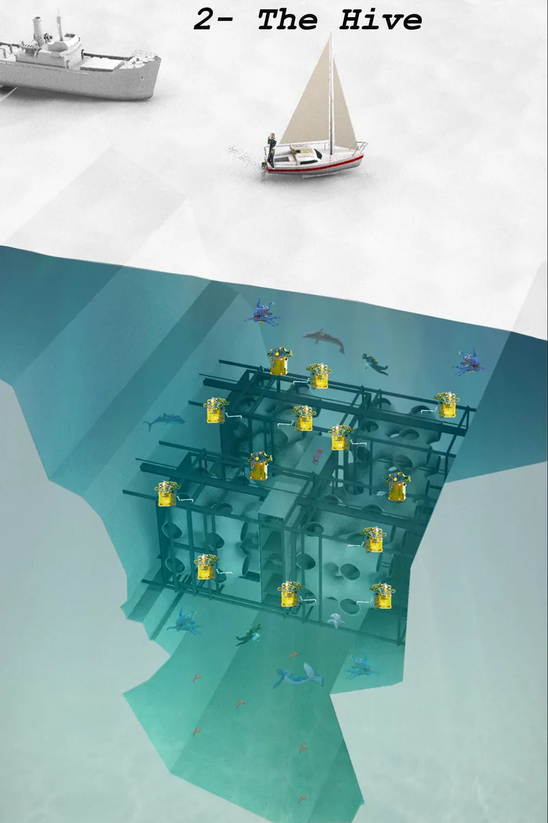 Sectional drawing of a submerged modular grid structure with vertical elements beneath a sailboat at the surface