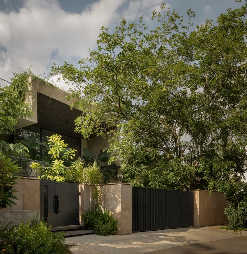 Street-facing stone and black-panel gate flanked by planted beds under mature tree canopy