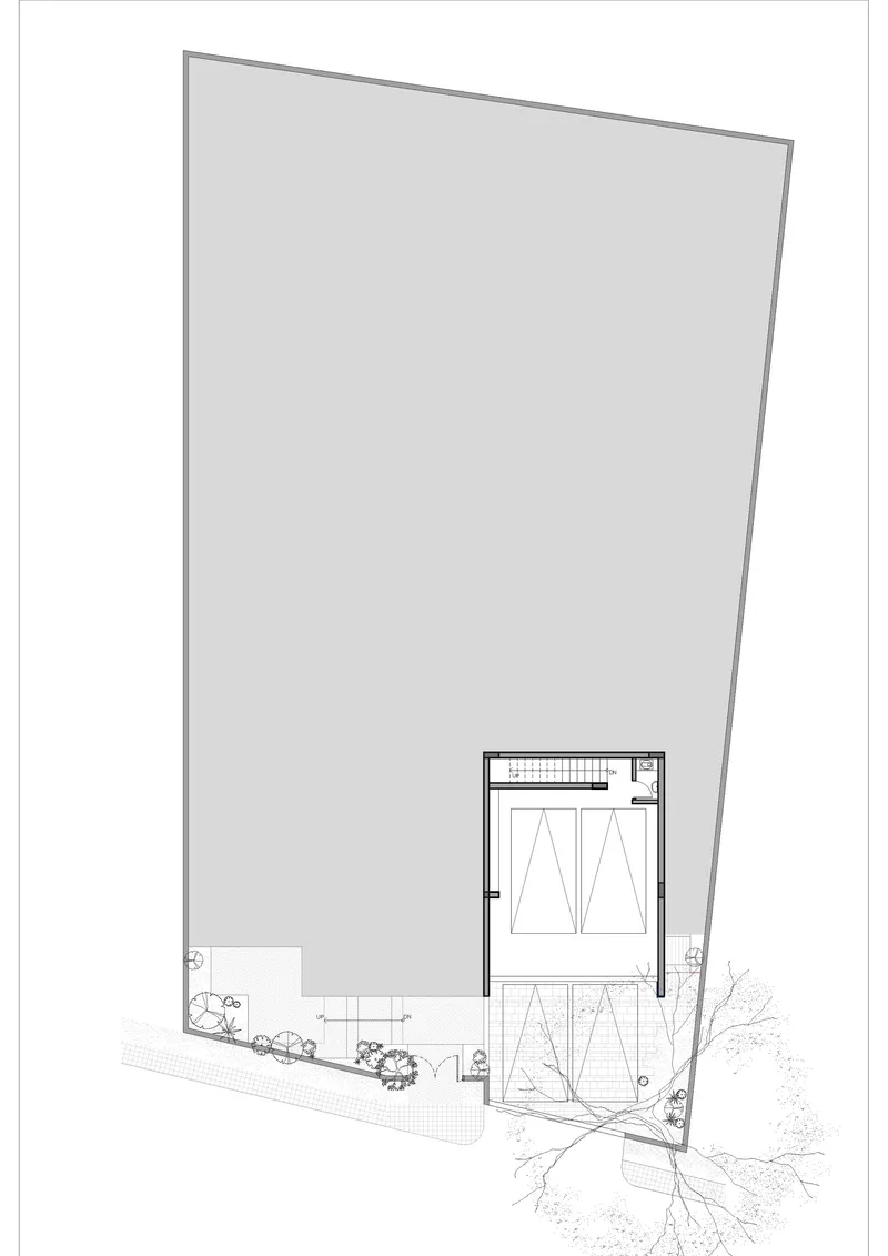 Section drawing showing a multi-storey volume with landscaped terraces and a large tree at ground level