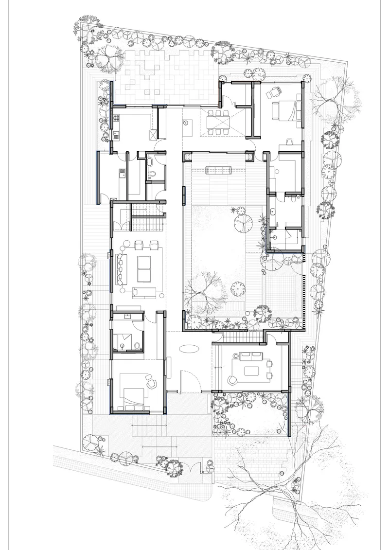 Ground floor plan drawing showing rooms arranged around central courtyards with perimeter planting and terraces