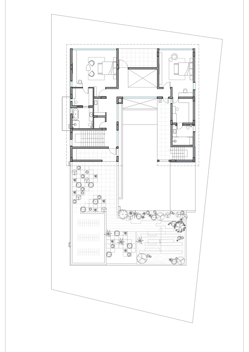 Upper floor plan drawing with bedrooms flanking a central void and a landscaped terrace at one corner