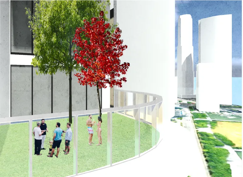 Elevated green spaces encourage social interaction while bringing nature into the high-rise co-living environment.