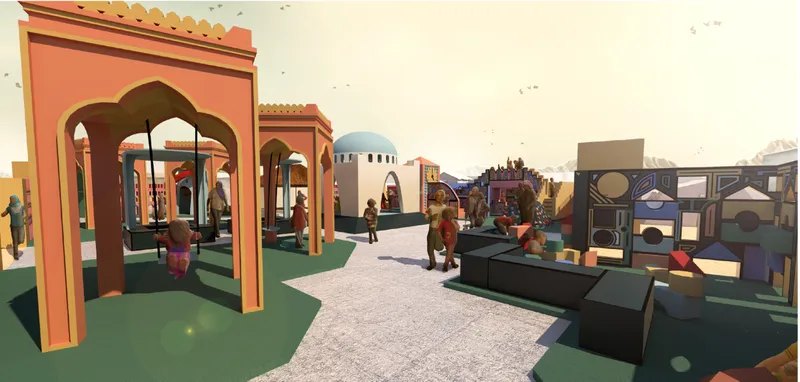 Familiar architectural forms frame spaces for swings, gathering, creativity, and everyday interaction.