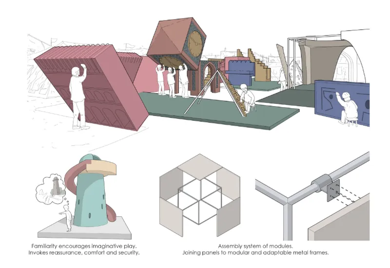 Modular play elements combine cultural references with adaptable construction and imaginative activity.