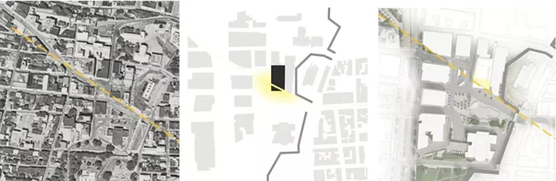 Site plan drawings showing aerial photograph, figure-ground diagram, and axonometric view with highlighted building