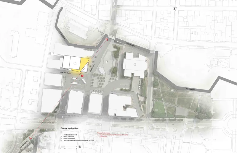 Site plan drawing showing plaza layout with surrounding buildings and planted zones in rendered detail