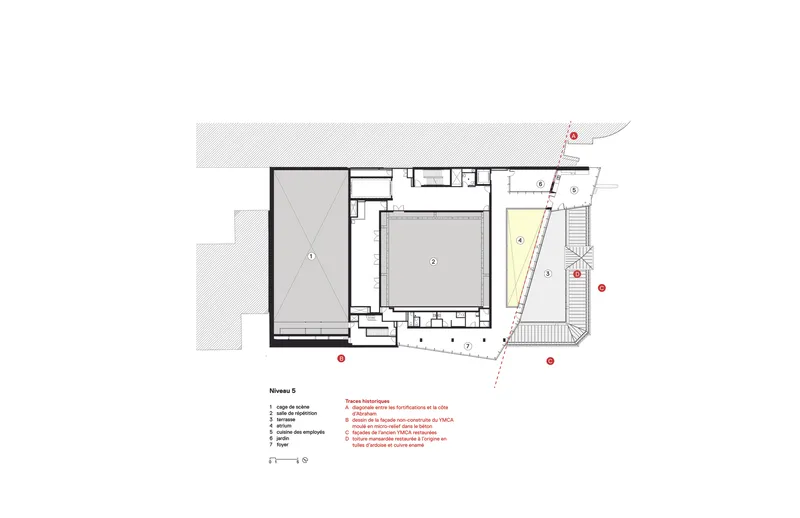 Upper floor plan drawing showing an open rehearsal hall and a triangular auxiliary space with stairs