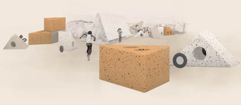 Reconfigurable triangular and block modules adapt to the surrounding camp environment, creating flexible spaces for exploration, play, and gathering.