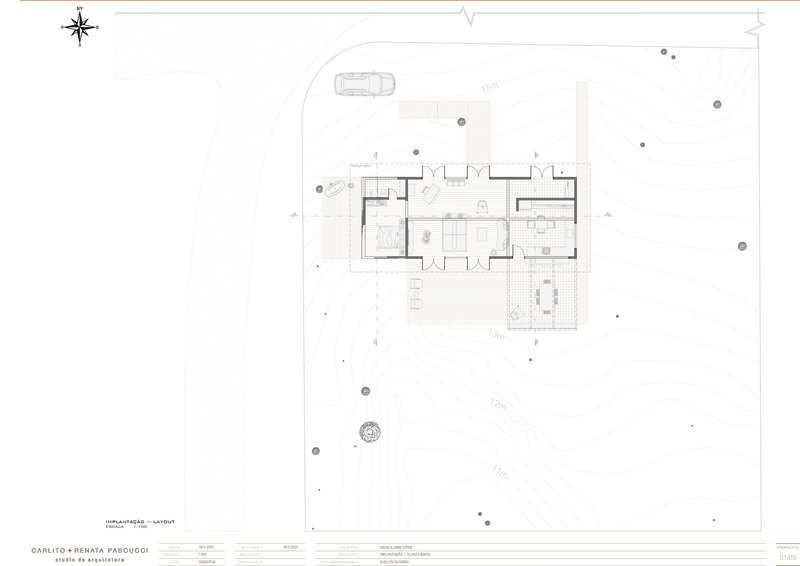 Site plan drawing showing the residence footprint surrounded by vegetation and topographic contours