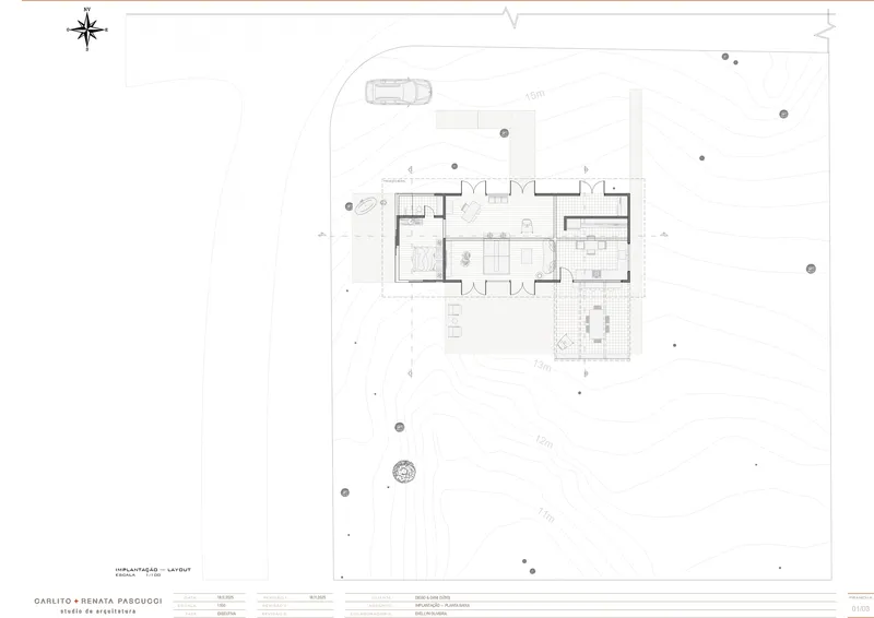 Site plan drawing showing the residence footprint surrounded by vegetation and topographic contours