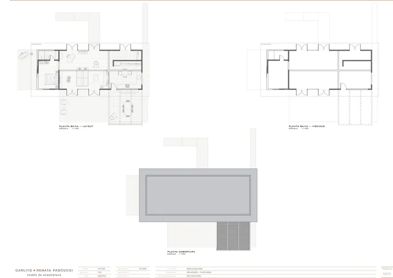 Floor plan and roof plan drawings showing the linear layout and pool terrace