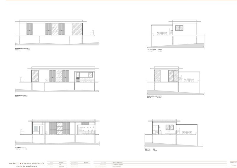 Set of six elevation and section drawings showing a two-story dwelling with varied window openings and material patterns