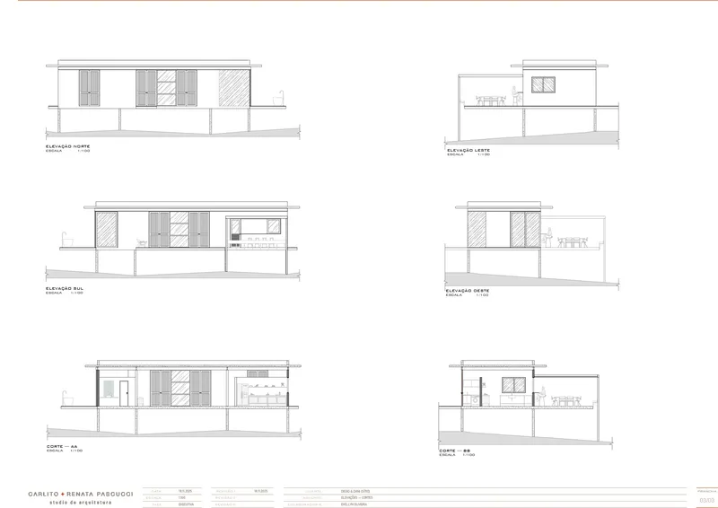Set of six elevation and section drawings showing a two-story dwelling with varied window openings and material patterns
