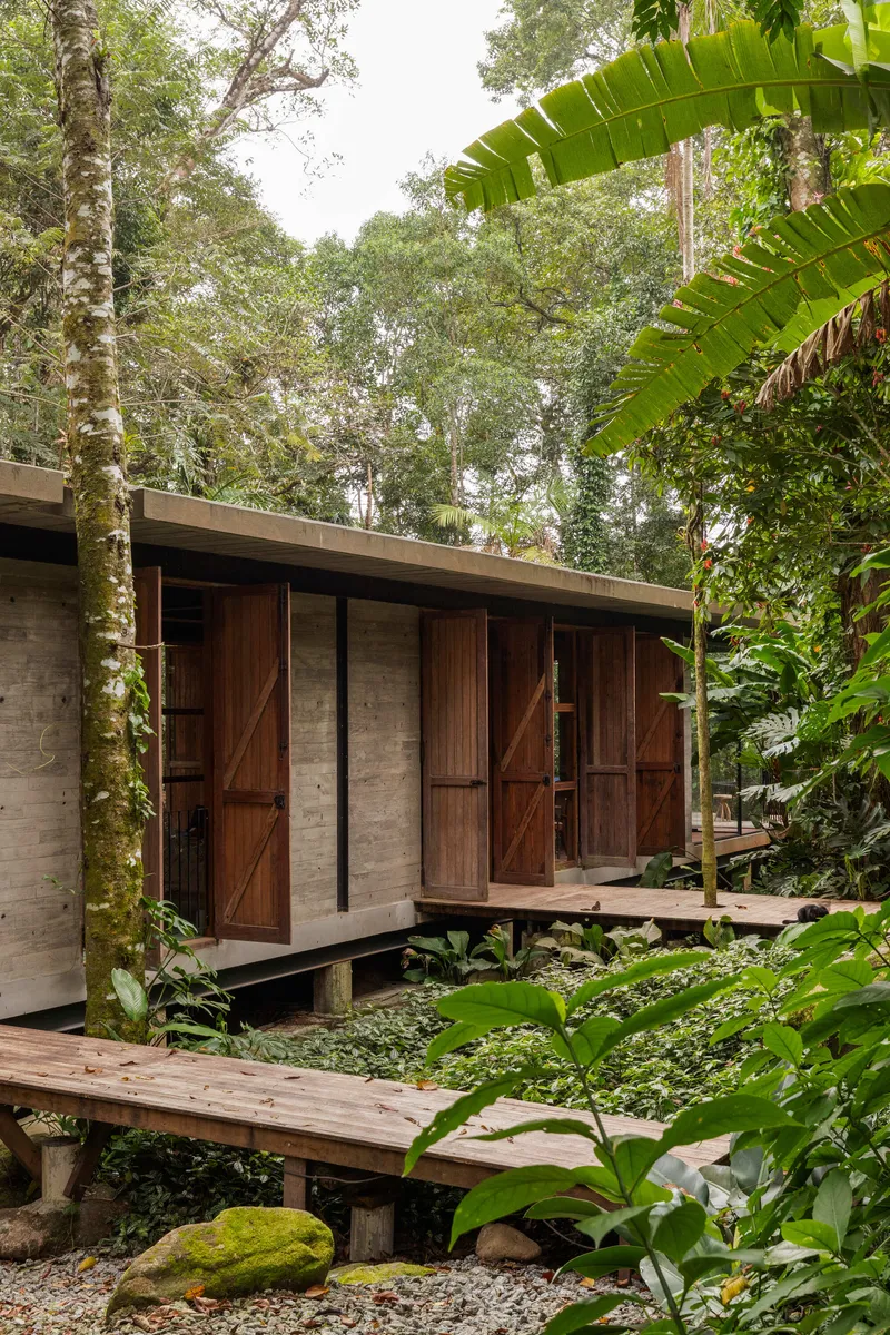 Board-formed concrete volume with sliding timber doors on raised deck surrounded by banana plants