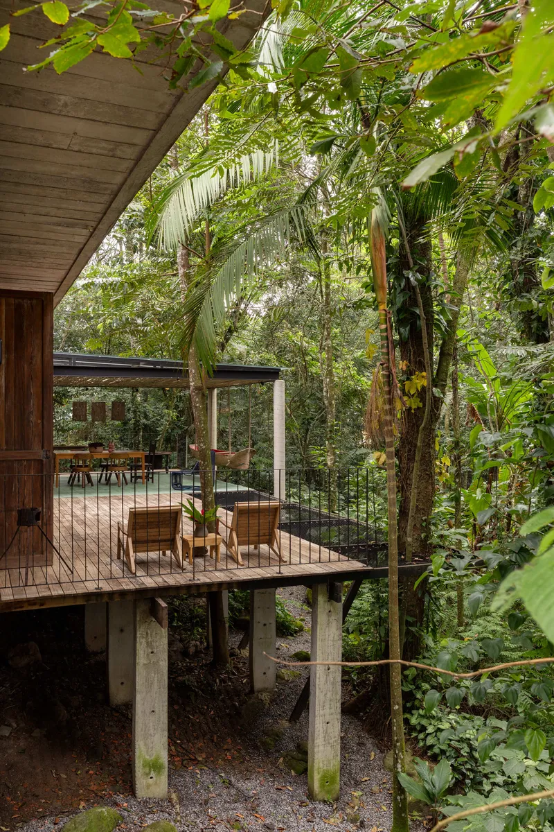 Elevated timber deck on concrete piers with wicker chairs beneath overhanging palm fronds