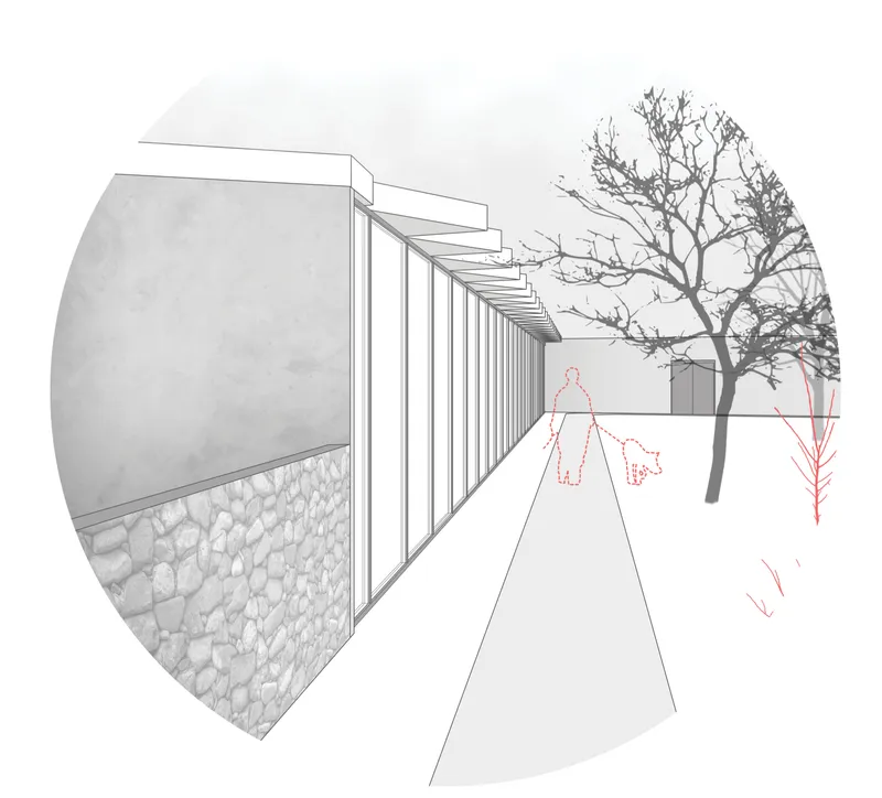 Outdoor circulation path linking the shelter architecture with trees, planting, and walking areas.