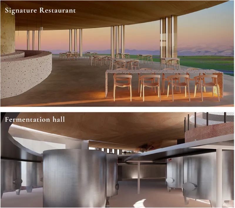 The signature restaurant and fermentation hall unite refined hospitality with the working process of winemaking.
