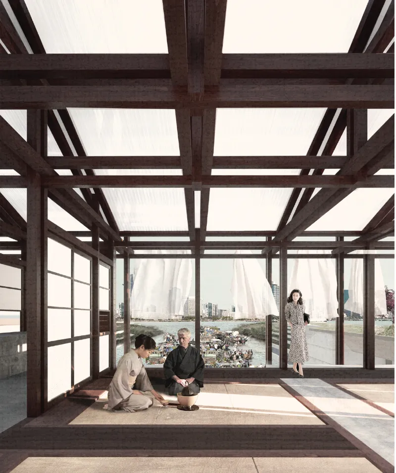 Timber post-and-beam pavilion with translucent roof panels and three figures overlooking the river