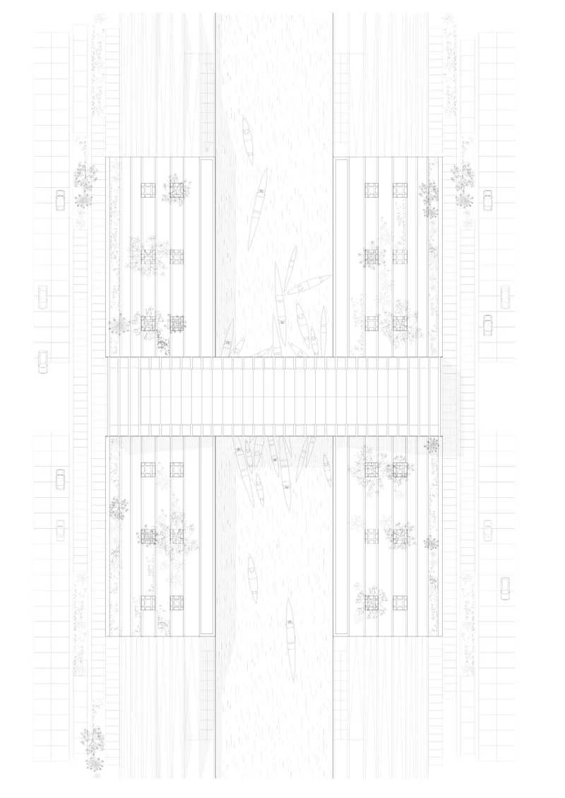 Site plan drawing depicting long rectangular buildings separated by central circulation spine and waterway with boats