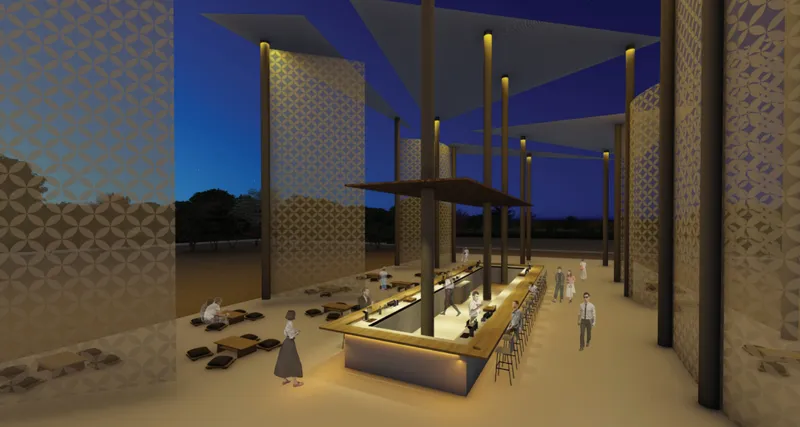 A warm nighttime Izakaya setting creates an informal social space for gathering and cultural exchange.