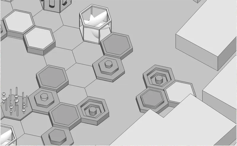 Interconnected platforms and seating modules create flexible routes for movement, gathering, and play.