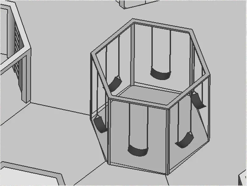 A hexagonal swing hub creates a social play space with multiple seats arranged around a shared frame.