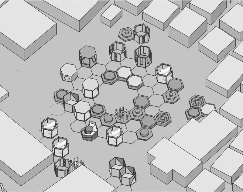 Modular hexagonal units form an adaptable playground network organized around shared central spaces.