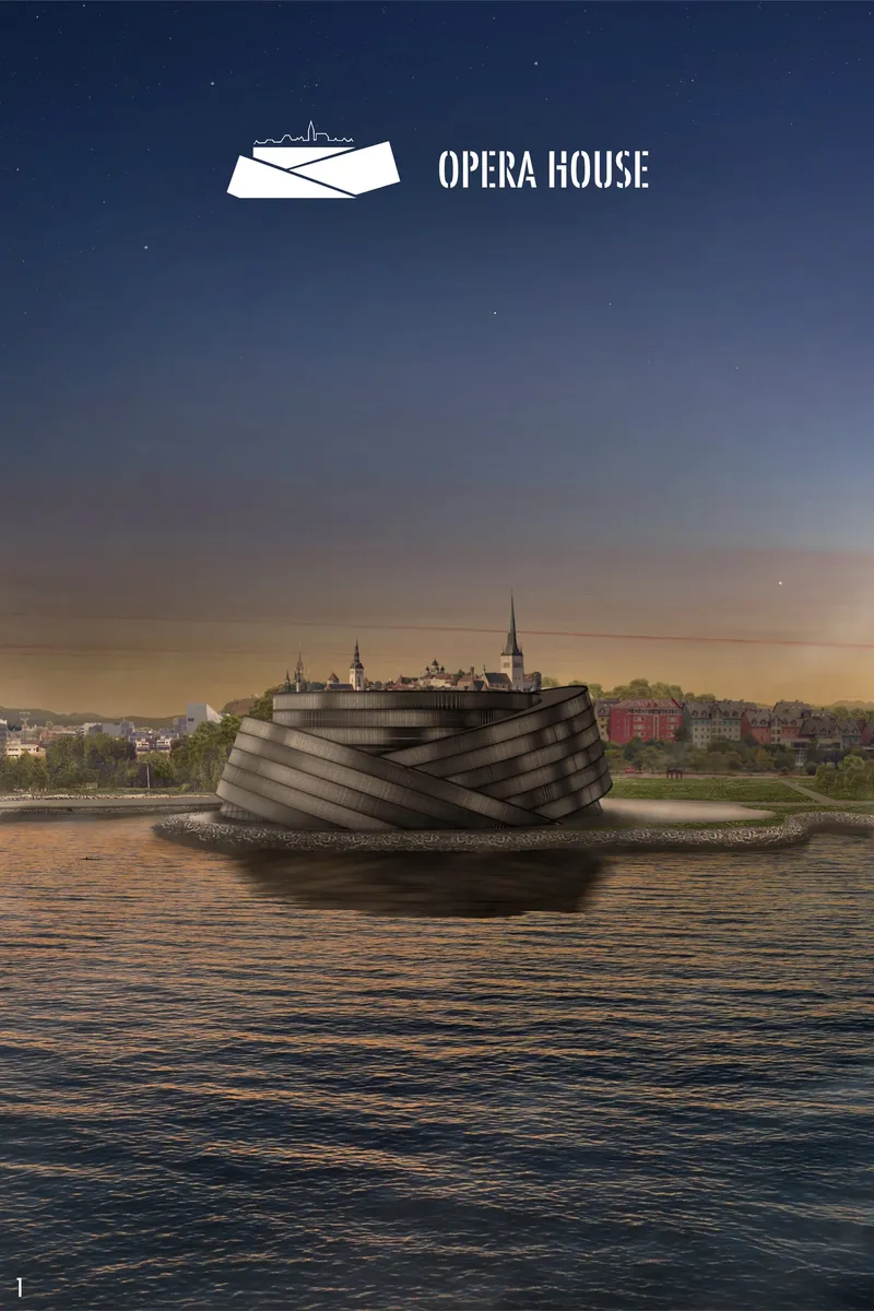 Opera House Tallinn rises between the Baltic Sea and the historic city skyline.