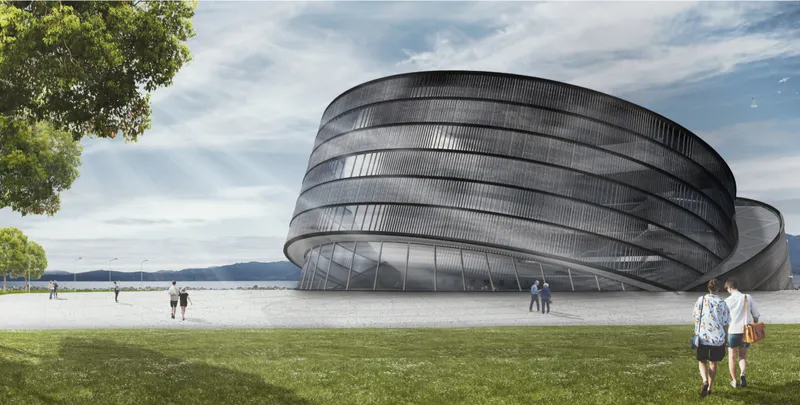 The rounded exterior creates a public cultural destination along Tallinn’s waterfront.