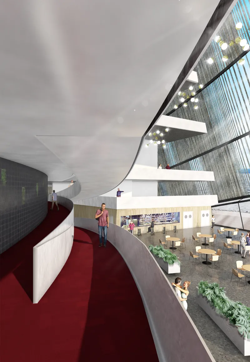 Ramps and balconies shape a dynamic interior experience inside the opera house.