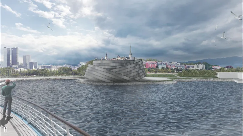 Viewed from the water, the opera house becomes a symbolic gateway to Tallinn.
