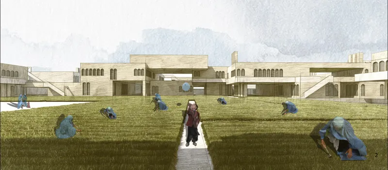 Productive farm courtyards integrate agriculture, community life, and healing within the residential complex.