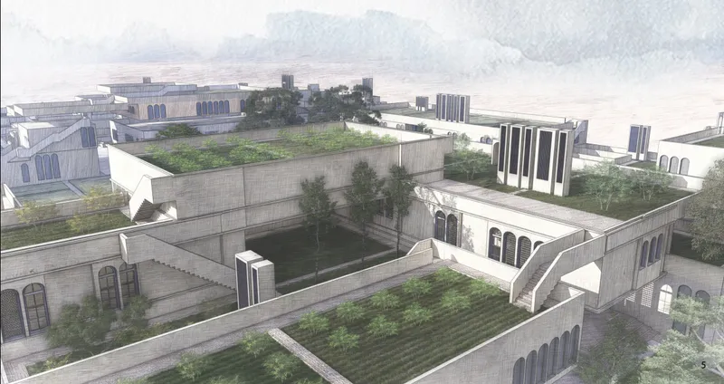 Layered green roofs and planted courtyards transform the settlement into a productive landscape of community spaces.