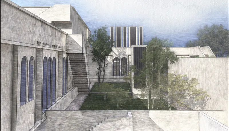Shaded courtyards, arched openings, vegetation, and windcatchers create a calm, climate-responsive residential environment.
