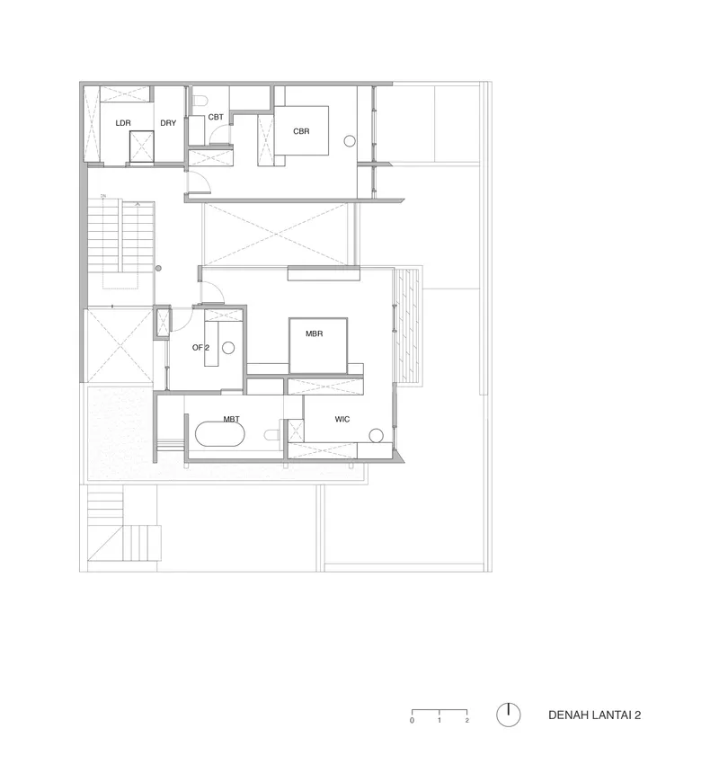 Second floor plan showing bedroom and bathroom layout with central stairwell and balcony terrace